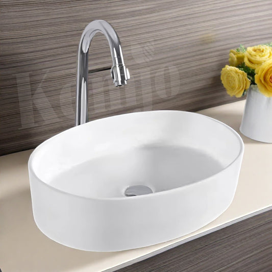 Kemjo Table Top Wash Basin for Bathroom White Oval Capsul