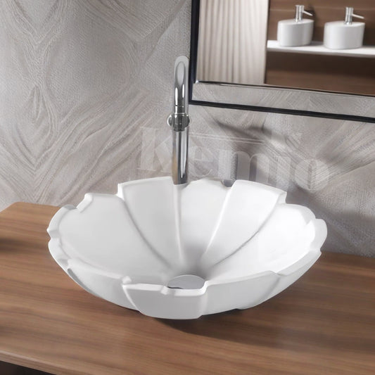 Kemjo Table Top Wash Basin for Bathroom White Round Design-7002-WA