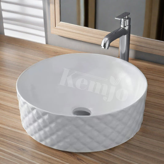 Kemjo Table Top Wash Basin for Bathroom White Round Jazz-7015