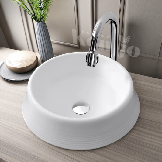 Kemjo Table Top Wash Basin for Bathroom White Round Mount Line