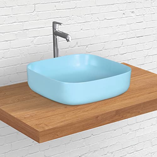 Designer Table Top Wash Basin for Bathroom Multicolor Square Kolar (SkyBlue-Matt)-WA